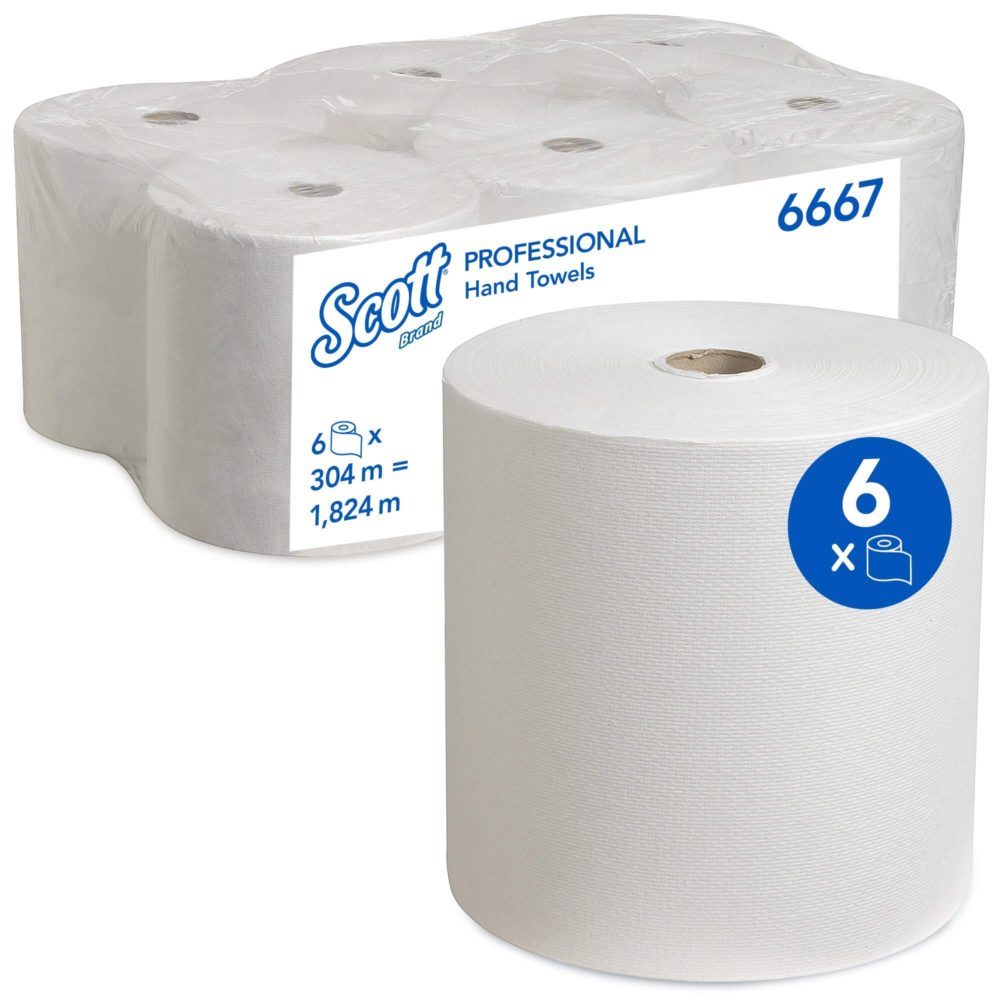 6667 Полотенца для рук в рулонах Scott, 1-сл, 304м, белый, 6рул/упак