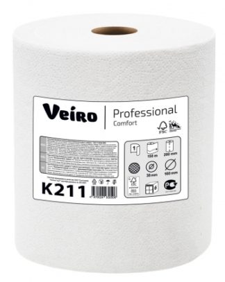 K211 Бумажные полотенца в рулонах Veiro Professional Comfort белые однослойные (6 рулонов по 150 метров)