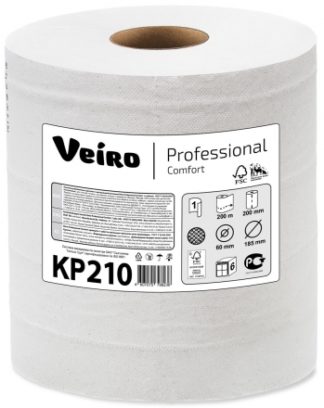 KP210 Бумажные полотенца в рулонах с центральной вытяжкой Veiro Professional Comfort белые однослойные (6 рулонов по 200 метров)