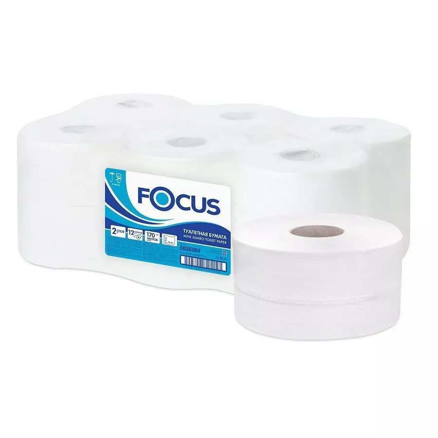 Бумага туалетная в мини-рулонах FOCUS Jumbo, 2-сл,12*9.5,168м,1400л, белый, 12рул/упак